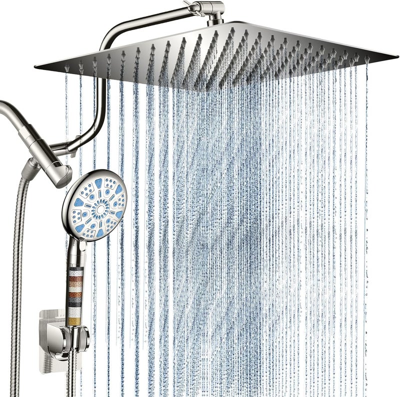 Cobbe 12 Inch All Metal 3-Way Rain Shower Head, High Pressure Shower Head, Dual Shower Heads with Handheld Spray Combo - 9 Spray Filtered Shower Head, Brushed Nickel - Image 1